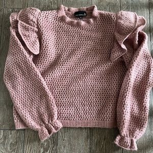 Soft sweater / mauve light pink color ruffles on shoulder and wrists